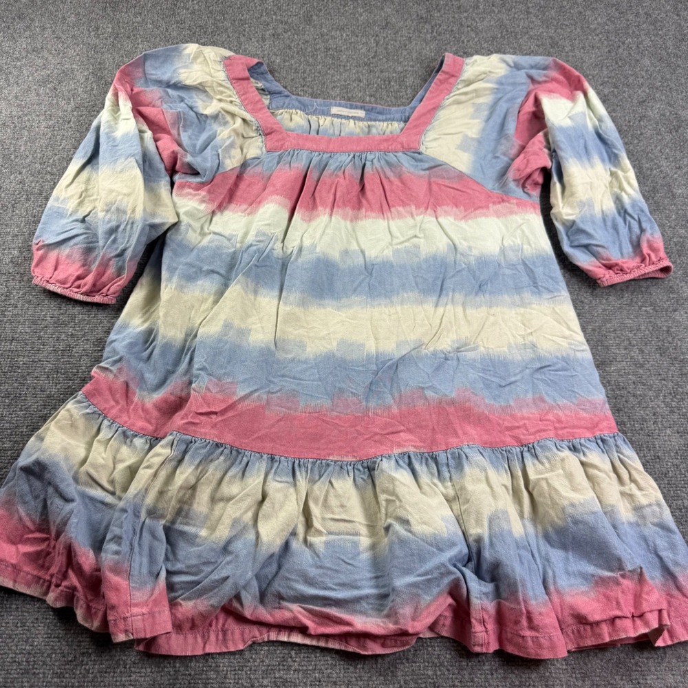 Outerknown Miro Dress Medium Pink Blue Ikat Stripe Puff Sleeve Boho Women's
